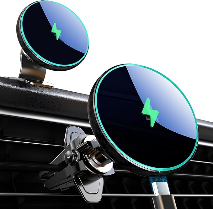 MOKPR for Magsafe Car Mount Charger-15W Wireless Car Charger-Magnetic Car Phone Holder for Dash Air Vent-LED RGB HandsFree Car Mount Fast Car Charger for iPhone 14/13/12 Series Carbon Fiber