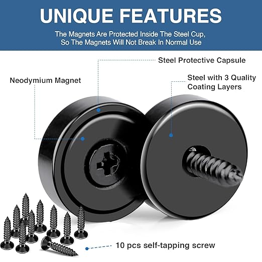 MIKEDE Magnets with Hole, 70LB Strong Rare Earth Magnets, Black Cup Magnet Neodymium with Countersunk Hole Steel Capsule, Powerful Pot with Screws-10 Pack Visit The MIKEDE Store