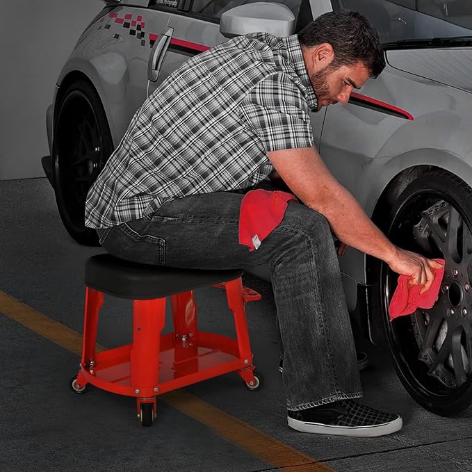 M-AUTO Heavy Duty Garage Rolling Work Seat 300LBS Capacity Mechanics Stool with Wheels, Rolling Work Seat with Equipment Tray and Tool Rack, Rectangle Seat Mechanic Roll Chair, Red