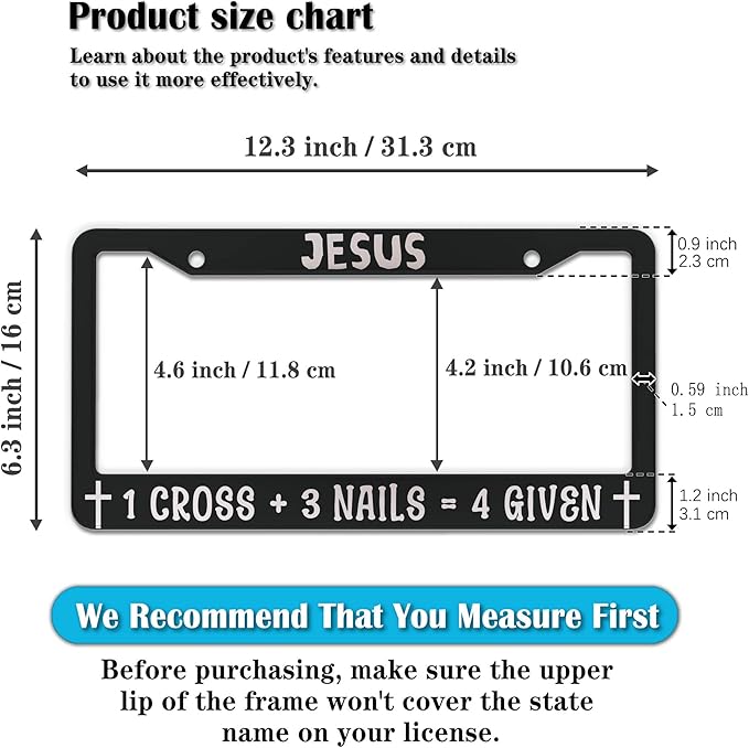 Fun License Plate Frame Cover Black and White License Plate Frames Jesus 1 Cross 3 Nails 4 Given Universal Aluminum Car Accessory 2 Pack with Screw Covers Set