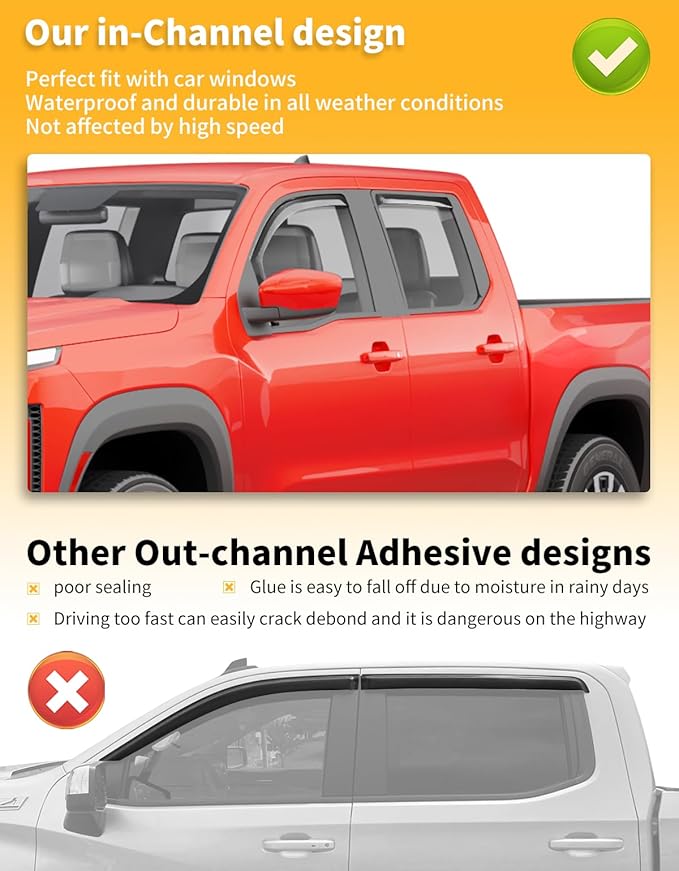 in-Channel Window Rain Guards Fit for Truck Nissan Frontier 2022-2025 Crew Cab Extra Durable Window Deflectors Window Visors Vent Visors Vent Shades Car Accessories-4 pcs Q28