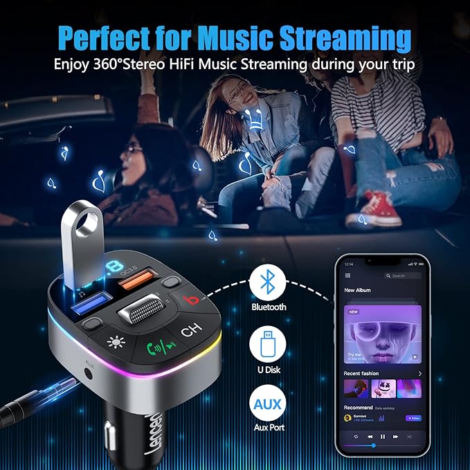 LENCENT Bluetooth Car Adapter, 5.0 Car FM Transmitter with QC3.0 Charger, AUX Bluetooth Radio Music, Wireless Dual Mics, Bass Sound, Cigarette Lighter, & HandsFree, Supports Siri & Google Assistant