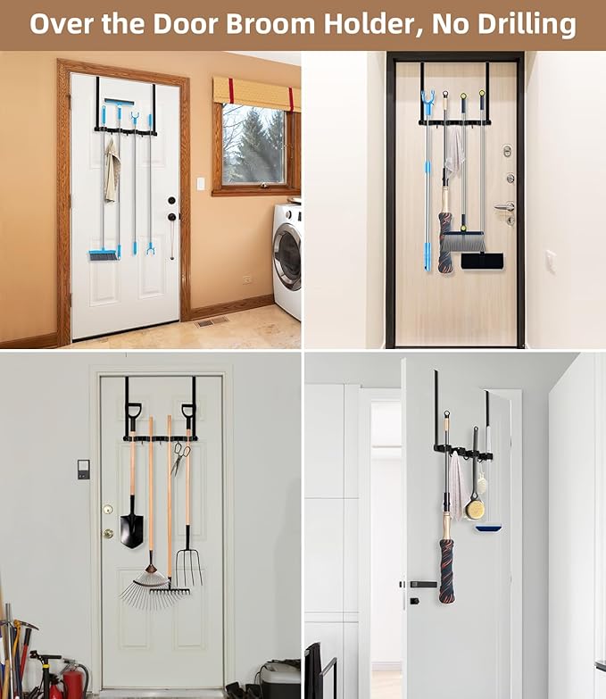 Broom Holder Over The Door - 304 Stainless Steel Mop and Broom Holder Wall Mounted or Hanging Over The Door with Hooks - Broom Hanger, Broom Storage Tool Organizer for Garage Closet Laundry