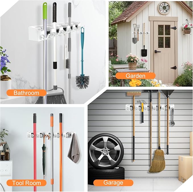 nacena Broom Holder Wall Mount, 2 Packs White Wall Hanging Garden Tool & Utility Closet Organizer Mop & Broom Hook Wall Mounted Heavy Duty Broom and Mop Organizer Wall Hanging for Bathroom, garage