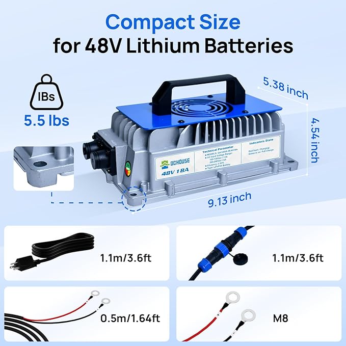 DC HOUSE 48V 18A Lithium Battery Charger, 900W Fast Charger, Charging Efficiency ≥ 93%, IP65 Waterproof Anti-Fall with Cooling Fan, Suitable for 48V Golf Cart/Forklift/Ship Lithium Battery