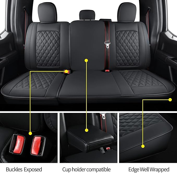 LUCKYMAN CLUB F150 Faux Leather Seat Covers Fit for 2015-2025 F150 SuperCrew and 2017-2025 F250 F350 F450 Super Duty Crew Cab Pickup Trucks(Full Set, Black)