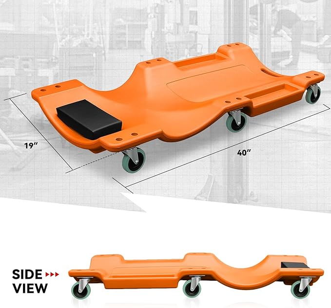 Auto Dynasty 40 Inches Mechanic Creeper, Automotive Garage Repair Low Profile Under Car Rolling Creeper with Padded Headrest, Plastic, Orange