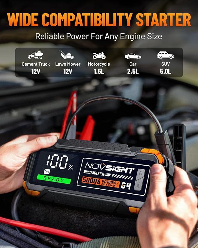NOVSIGHT Car Battery Jump Starter - 5000A Portable Battery Jumper (12.0L Gas/10.0L Diesel) 12V Car Starter Jump Box with USB Type-C Quick Charge, Bulit-in Charge 3 Modes, Dual Color Lights(Orange)