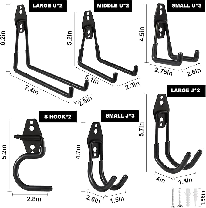 Steel Garage Hooks Wall Tool Organizer, 14 Pack Garage Storage Hook Heavy Duty Utility Storage Hangers Black for Ladders, Ropes, Garden Tools