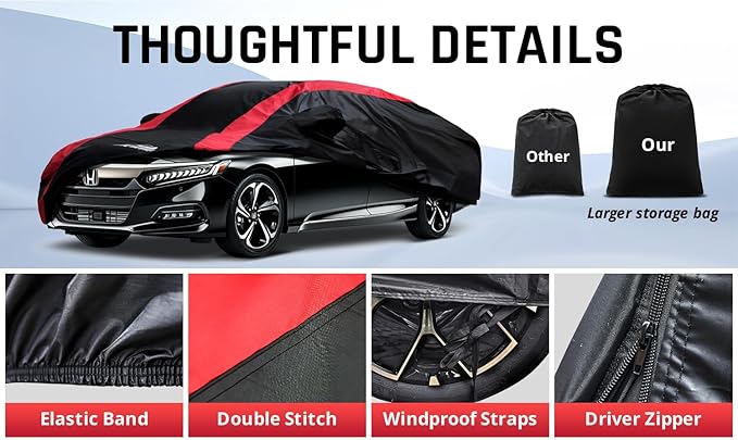 Honda Accord Car Cover Waterproof All Weather with Red Strip Design, Custom Fit for Honda Accord 1998–2025, Accord Accessory with Door Zipper & Windproof Straps