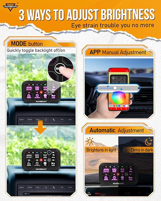 Auxbeam 8 Gang Switch Panel AC-800 Bluetooth RGB Switch Pod with Remote Control Backlit Off Toggle Momentary Pulsed 165FT Wireless Auxiliary Switch Panel for Truck Offroad Waterproof