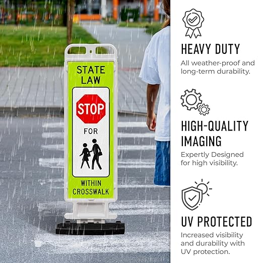 State Law Stop for Pedestrian in Crosswalk MUTCD R1-6a Sign, Double Sided 3M Engineer Grade Reflective, Portable Rubber Base, Impact Resistant Plastic Frame