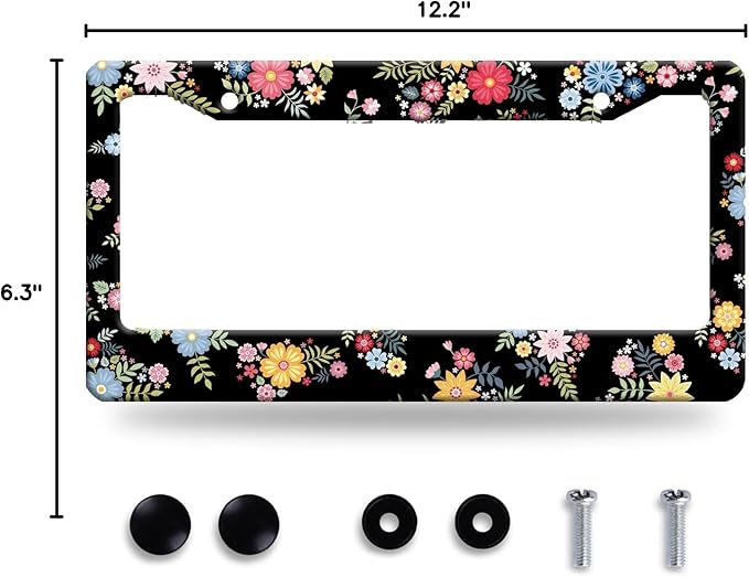 Colorful Flowers License Plate Frame Beautiful Floral License Plate Frames Stainless Steel Accessories Cars Decor with 2 Holes and Screws Fits Standard US CA Vehicles Size 12.2 x 6 Inches