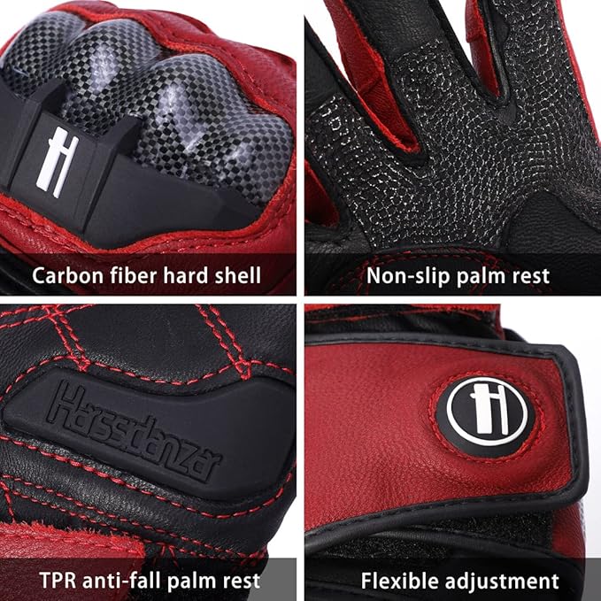 Harssidanzar Leather Motorcycle Gloves for Men and Women,Powersports Carbon Fiber Knuckle Protection Motorbike Gloves KM045