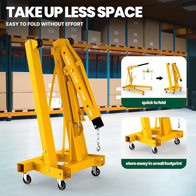 2 Ton Folding Engine Hoist, 4400lbs Hydraulic Cherry Picker Engine Hoist with 6 Casters, Heavy Duty Engine Lift for Garage, Workshop, Automotive Repair (Yellow)