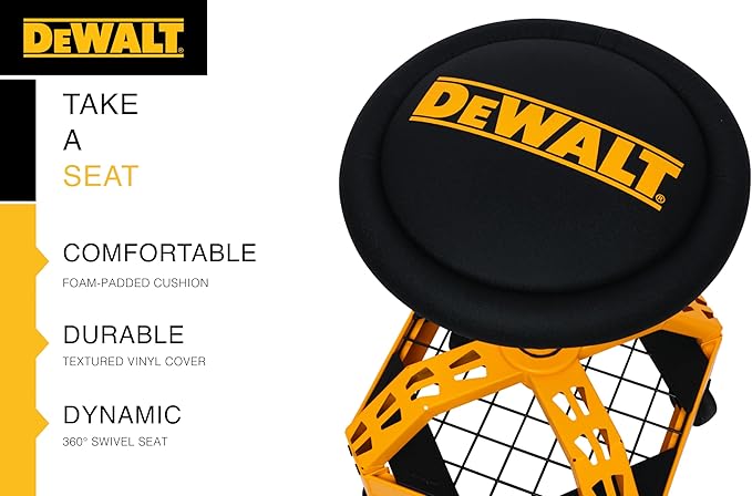 DEWALT Heavy-Duty Metal Rolling Stool for Shop or Garage, Padded 360-degree Swivel Seat, Durable Steel Frame, Adjustable