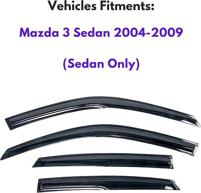 KPY Window Visor Compatible with Mazda 3 Sedan 2004-2009, 4PC Rain Guard Side Window Vent Deflectors Tape-On Mugen Style, 2004 2005 2006 2007 2008 2009