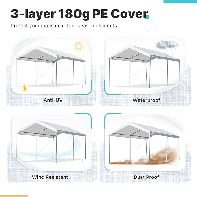 ADVANCE OUTDOOR Adjustable 10x15 ft Heavy Duty Carport Car Canopy Garage Boat Shelter Party Tent, Adjustable Height from 9.5 ft to 11 ft, White