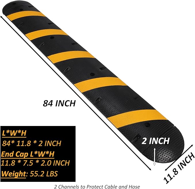 84'' Rubber Speed Bump, 1 Pack 2 Channel Modular Heavy Duty Speed Bumps Humps 25000 lbs Load Capacity, Cable Protector Ramp with 2 End Caps for Asphalt Concrete Gravel Driveway Road