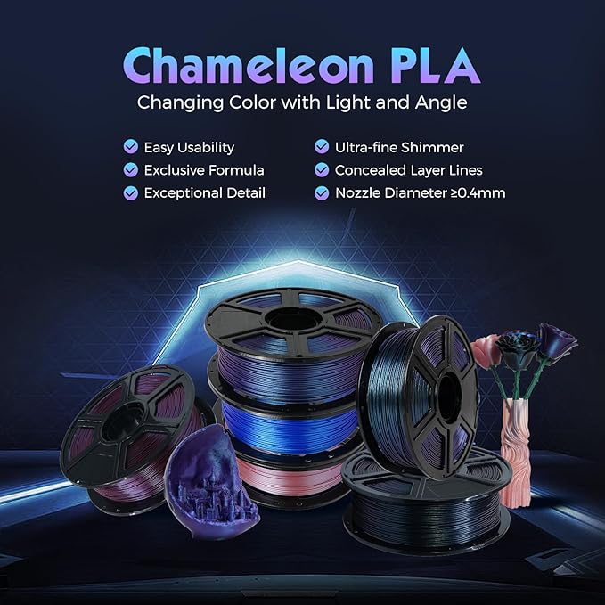 FLASHFORGE PLA Filament 1.75mm +/- 0.02mm Skydiver Blue, Color Changeable 3D Printer Filament 1kg (2.2lbs), Chameleon 3D Printing Filament Changing Colors with Light, Perfectly Hide The Layer Line