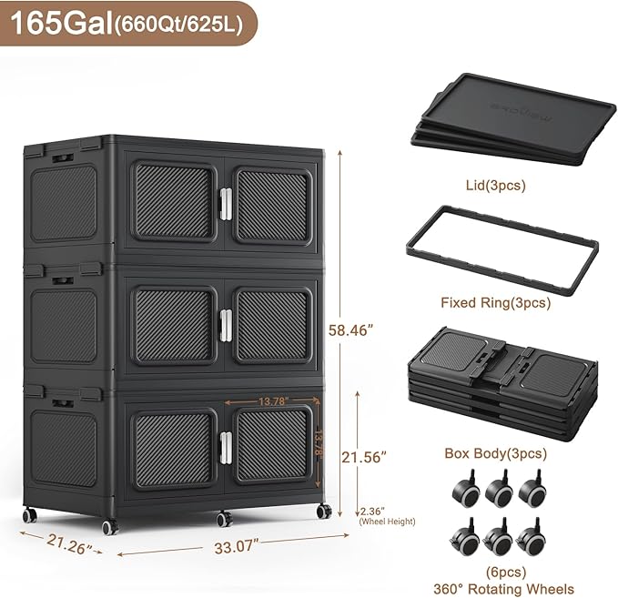 660 Qt Stackable Storage Bin with Lids, 165Gal Extra Large Collapsible Storage Boxes, Folding Plastic Drawer, Heavy-Duty Store Cabinet, Closet Organizer for Home Kitchen, 3 Pack Black