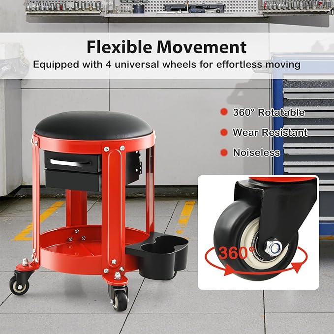 S AFSTAR Garage Shop Roller Seats, Adjustable Pneumatic Rolling Creeper Stool W/Removable Padded Seat, 2-Direction Drawers, Twin Can Holder, Round Mechanic Rolling Stool, 330 LBS Max Load