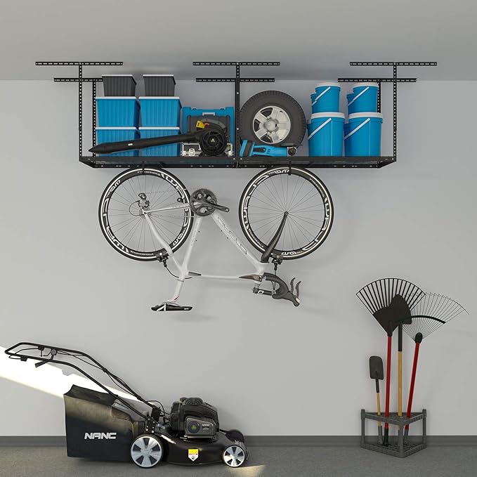 2ftx8ft Overhead Garage Storage Rack, Heavy-Duty Metal Garage Ceiling Storage Rack, 22''-40" Adjustable Ceiling Drop-Down, 400 lb. Loading Weight Capacity, Black