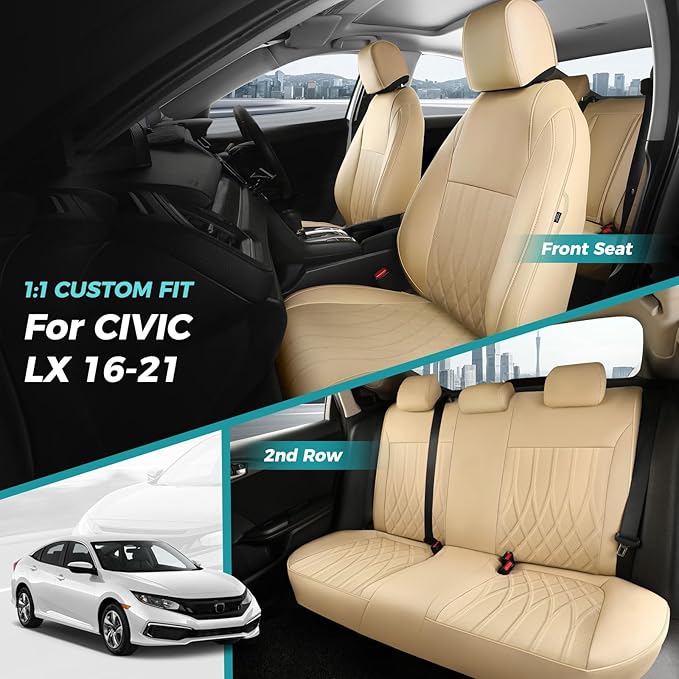 Seat Covers for Honda Civic Sedan LX 2016 2017 2018 2019 2020 2021, Faux Leather Car Seats Cover Full Set (Rear Row Solid & No Folding Backrest)-Beige