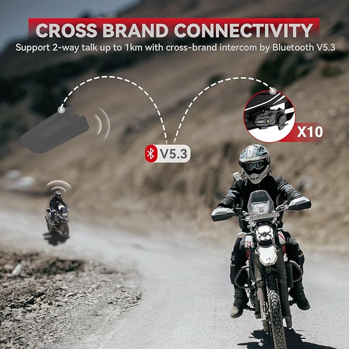X10 10 Riders Group Mesh Motorcycle Intercom, 3000m Motorcycle Bluetooth Headset V5.3 with Audio Multitasking/Music Sharing, Helmet Communication Systems for ATV/Snowmobile/Ski, 2 Pack
