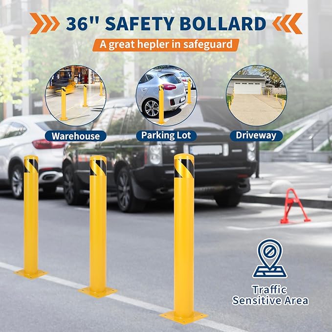 4.5x36 Inch Safety Bollard Post - Yellow Steel Bollard with Anchor Bolts (1-Pack) for Parking Lots, Walkways & Traffic Areas