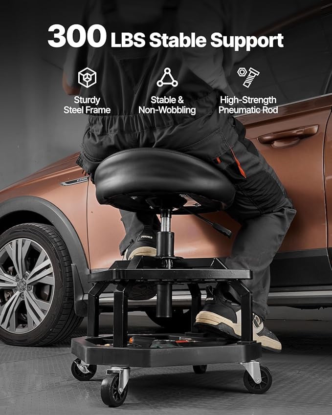 VEVOR Industrial Black Pneumatic Garage Seat/Work Stool with 300 lbs Capacity, Adjustable Height Roller Creeper Seat, 360 Swivel Padded Workshop Stool with Casters, for Garage, Shop & Auto Repair