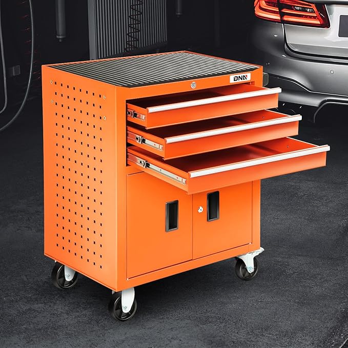 DNA MOTORING 3-Drawer Rolling Tools Chest, Rolling Tool Storage Cabinet, Heavy Duty Mechanic Tool Cart, Trolley Organizer for Garage, Warehouse, Workshop, Orange, TOOLS-00405