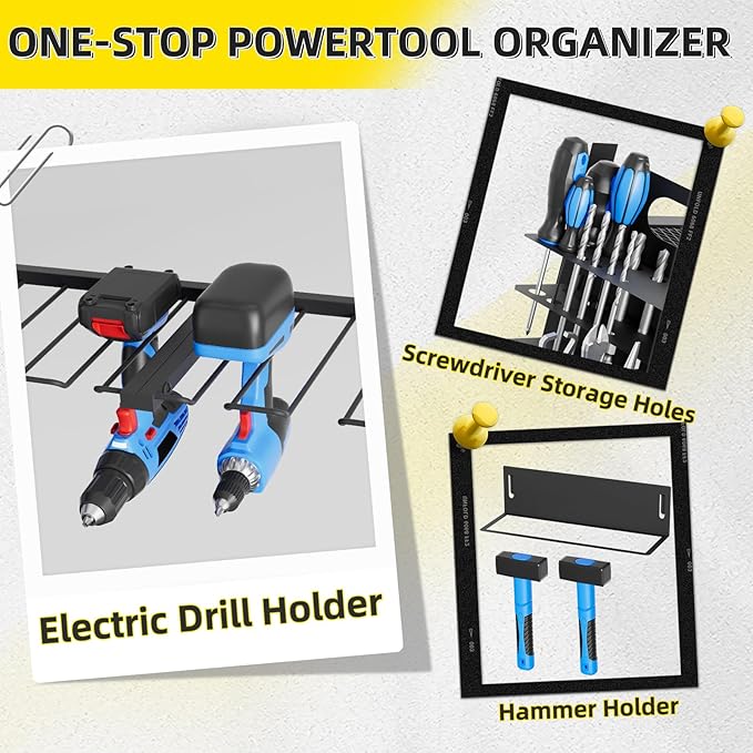 Power Tool Organizer Wall Mount with Charging Station, 4 Layers 6 Drill Holder, Heavy Duty Storage Utility Racks, Supports 600 lbs,Battery Shelf for Garage and Workbench (32 Inch 8 Drills Holder)