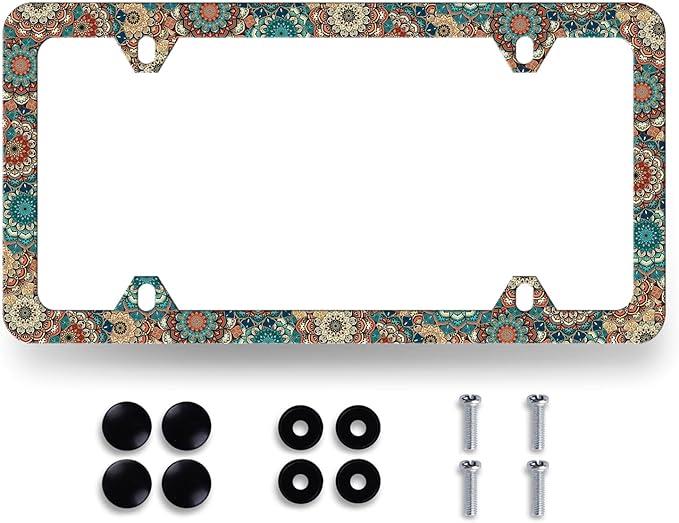 Vintage Mandala Flowers License Plate Frame Boho Floral License Plate Holder Funny License Plate for Car Decoration Stainless Steel Colorful Car Accessory with Screws Men Women 12.3" x 6.3"