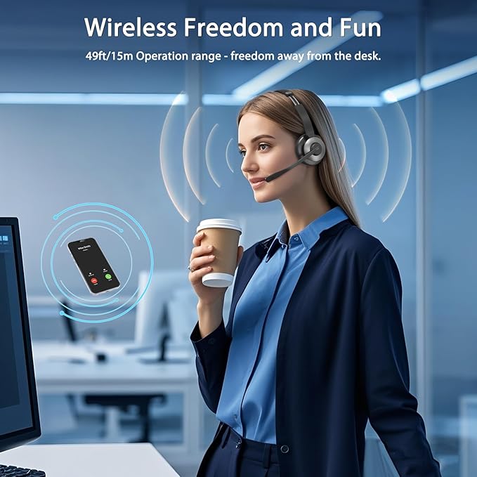Bluetooth 5.3 Headset, Wireless Headset with Mic for Work, Wireless Headphones with Mic Noise Cancelling & USB Dongle, 26H Working Time & Mute Function, Fit for PC/Laptop/Office/Call Center/Zoom/Home