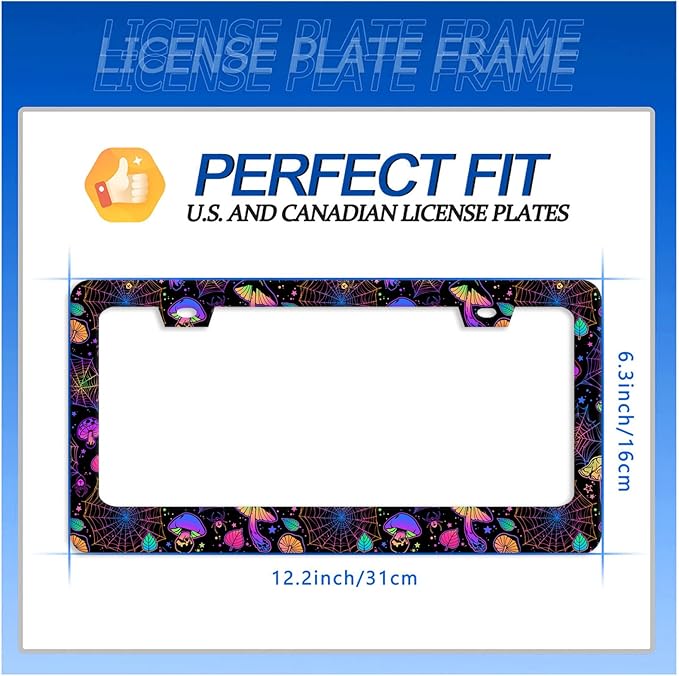Hippie Mushroom License Plate Frame Mushrooms License Plate Stainless Steel Funny License Plate Holder Colorful Car Accessory with Screws Car Decoration 12.3" x 6.3" for Men Women