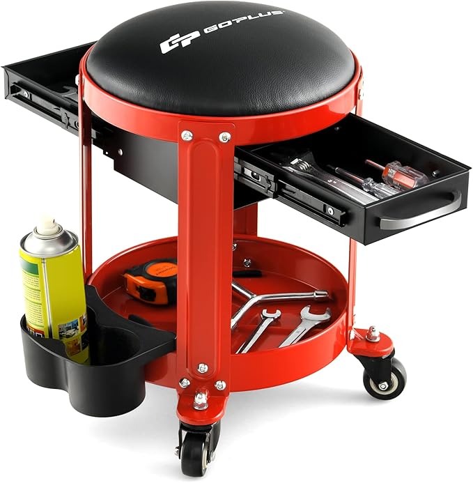Goplus Rolling Mechanic Stool, Shop Stool Creeper Seat with Removable Padded Seat, 2 Drawers, Tool Tray, Twin Can Holder, Universal Wheels, Round Garage Workshop Chair, 330 Lbs Max Capacity