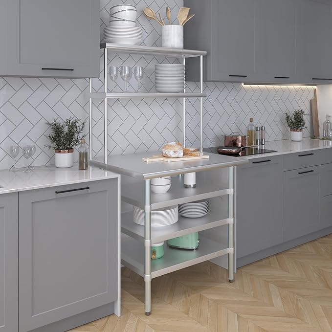 Amgood 30" x 36" Stainless Steel Work Table with 3 Shelves and 12" Wide Double Tier Overshelf | Metal Kitchen Prep Table & Shelving Combo | NSF