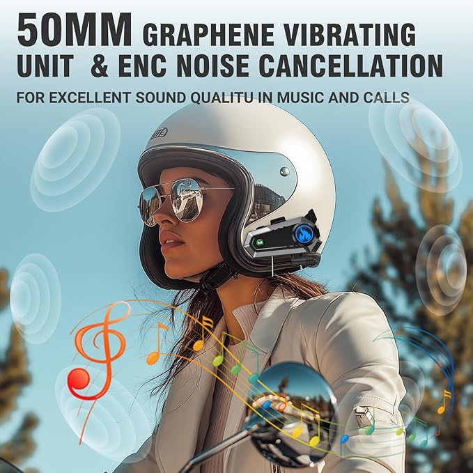 Motorcycle Helmet Bluetooth Headset, Bluetooth Motorcycle Helmet with 2 Type Mics, Intercom/Hands-Free Call/Music/Waterproof/Noise Cancellation/Wake Up Siri, Compatible with All Helmets
