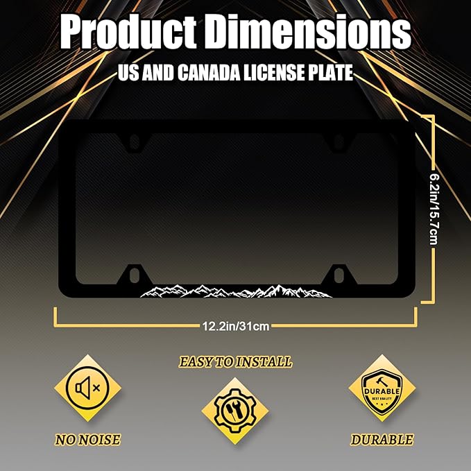Mountain License Plate Frame Mountain License Plate Holder Stainless Steel Black Funny License Plate for USA Canada 6.3" X 12.3" with 4 Holes and Screws