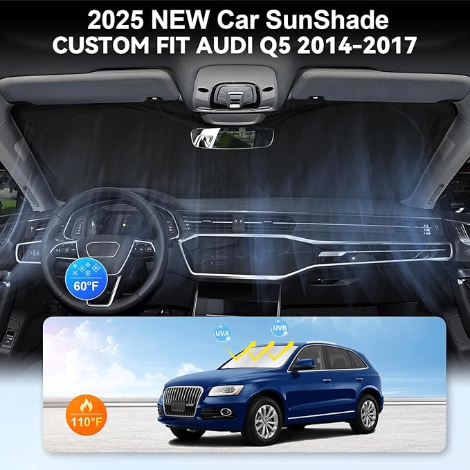 Custom fit Audi Q5 Windshield Sunshade for 2014 2015 2016 2017 Audi Q5/SQ5, Sportback SUV Shades Cover for Windshield Sun Visor Screen Protector 210T Reflective Blocks UV Rays Cool Car Accessories
