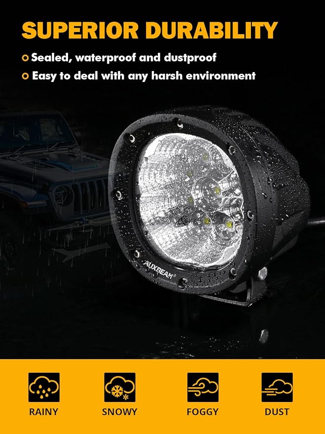 Auxbeam 4 Inch Round LED Light Pods, 90W Offroad Flood White Light Bar, Super Bright 9000LM Driving Work Light with DT Plug Wiring Harness Kit for Truck Boat Pickup ATV UTV SUV-2PCS