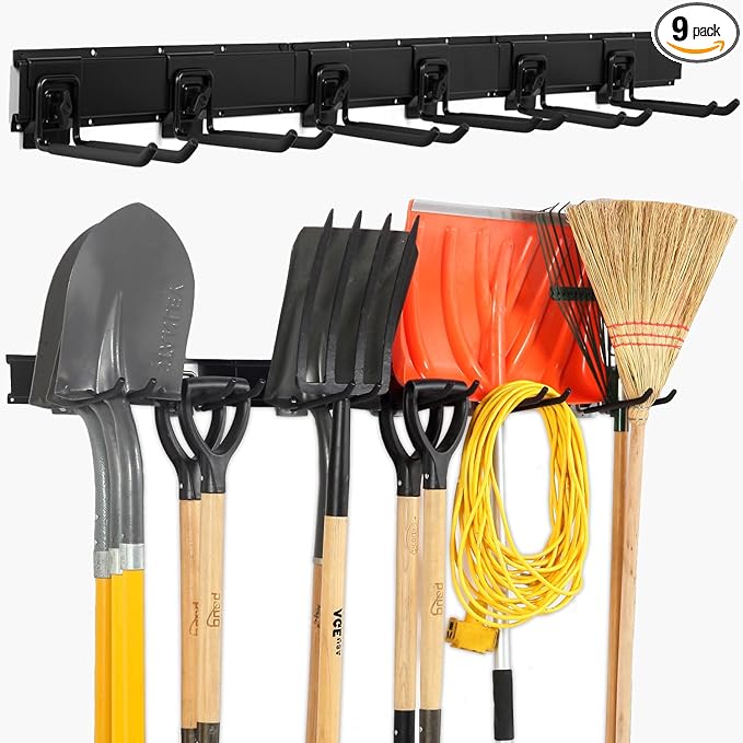 Locking Garden Tool Organizer, Garage Organization Wall Mount Storage Rack, Heavy Duty Metal Yard Tool Organizer, Adjustable Hanging Hooks, Hold Up to 420lbs (48Inch Black)