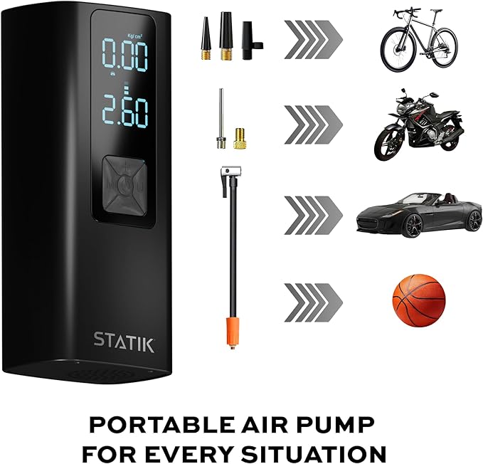 STATIK TireHero Car Tire Inflator Portable Air Compressor - 150 PSI, Electric Air Pump for balls, Bike Pump, Inflatables, Paddleboard, Air Mattress, Car Emergency Safety Kit w/Flashlight