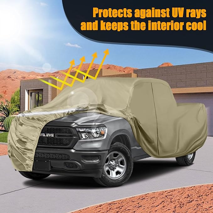 Waterproof Truck Covers Replace for Ford F150 / Dodge Ram 1500 CrewCab 5.5 ft, Multilayer Heavy Duty with Cotton Liner Car Cover with Zipper Door, Windproof Bands for Snow Rain Dust Protection