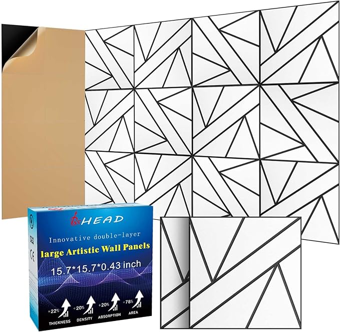 8 Pack 2-Layer Soundproof Wall Panels, 12 x 12 x 0.43 in Sound Proof FoamPanels for Walls, 1.2lb/ft* High Density, Thicker 0.43 in, 3D AcousticPanels,Artistic Noise Dampening Panels White&Black