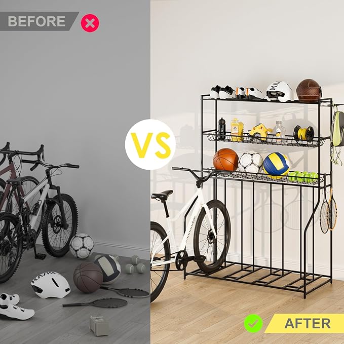 4 Bike Stand, Bike Rack Garage with 3-Tier Storage Rack, Bicycle Stand for Garage Organizer, Indoor Sporting Gear Storage Station for Mountain/Road/Hybrid & Fat Tire Bike, Patent Pending