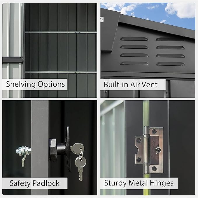 IKERY Galvanized Steel Storage Shed 8.2' x 6.2' with Lockable Door - Large Metal Garden Shed for Bikes, Trash Cans, Outdoor Storage - Backyard, Patio - Dark Gray