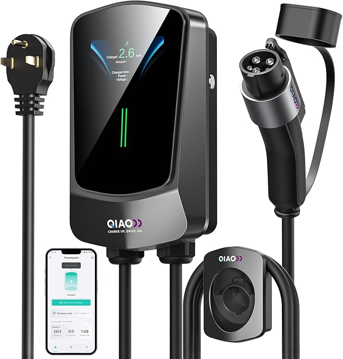 QIAO Level 2 EV Charger, Up to 40A Electric Car Charger, Wi-Fi Bluetooth APP Enabled EVSE, 4.3in Display, 25ft Cable, NEMA 6-50 Plug Charge Station Compatible with All SAE J1772 EV Models Black