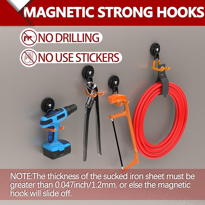 3-H Heavy Duty Magnet Garage Hooks 2 Pack, Large Strong Magnetic Hooks for Hanging Cordless Power Drill, Utility Magnetic Tool Holder for Metal Cabinet, Steel Pegboard, Toolbox, Garage(Orange)